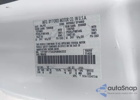 2002 Ford F150 z USA, uszkodzony, nr VIN 1FTRF17242NB86232